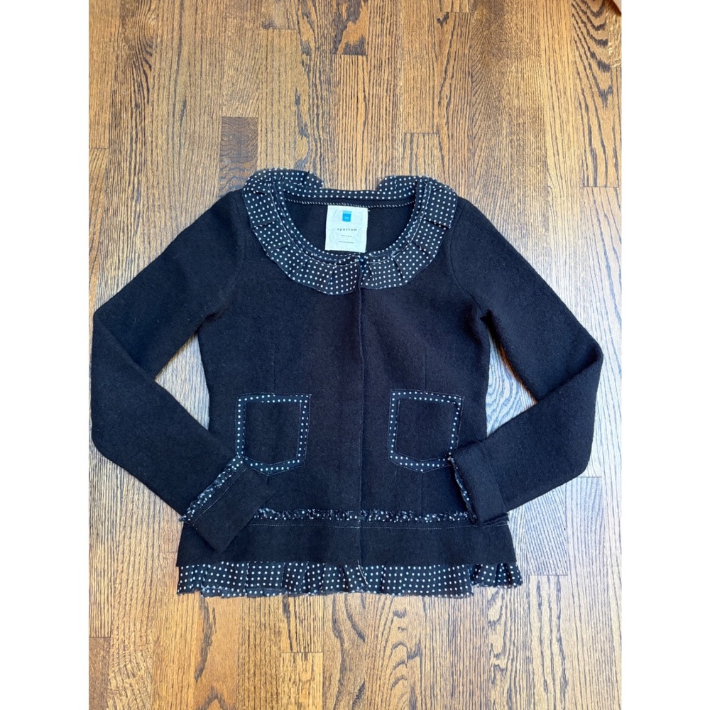 Sparrow Anthropologie Cardigan XS Merino Wool Polka Dot Ruffle Coquette Retro